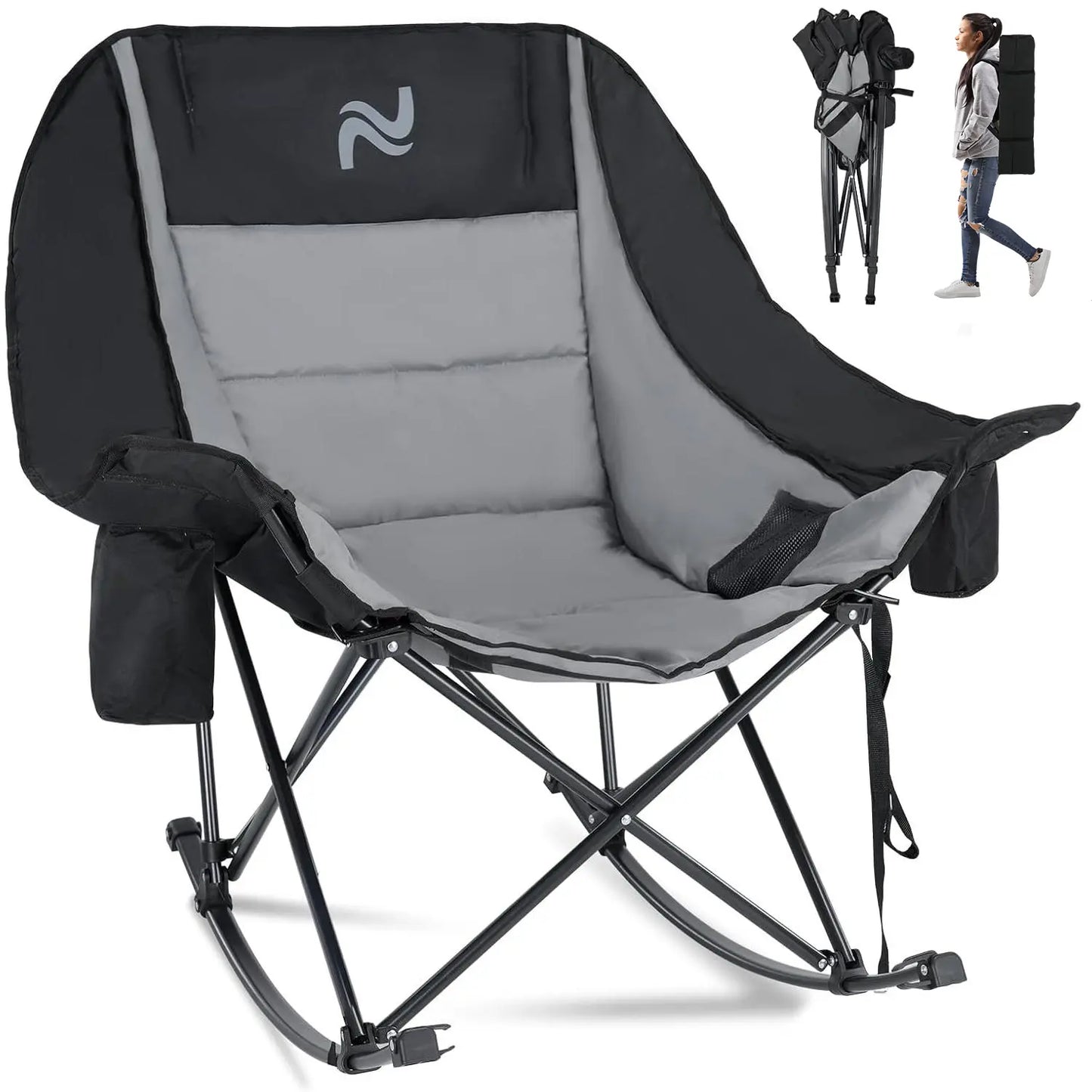 XXL Oversized Rocking Camping Chair – Fully Padded Folding Outdoor Recliner with Side Pocket, Supports 400 lbs for Patio, Backyard, Beach & Camping