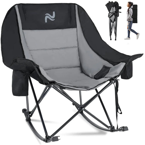 XXL Oversized Rocking Camping Chair – Fully Padded Folding Outdoor Recliner with Side Pocket, Supports 400 lbs for Patio, Backyard, Beach & Camping