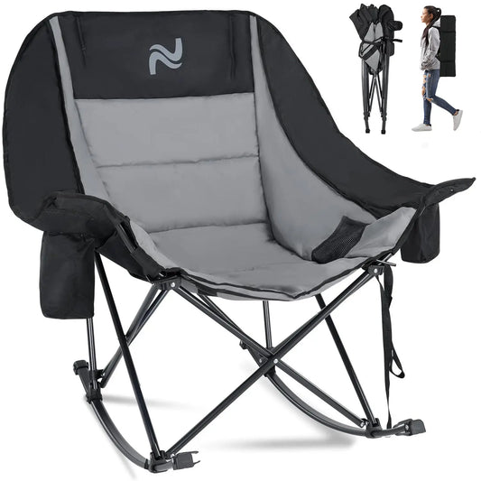 XXL Oversized Rocking Camping Chair – Fully Padded Folding Outdoor Recliner with Side Pocket, Supports 400 lbs for Patio, Backyard, Beach & Camping