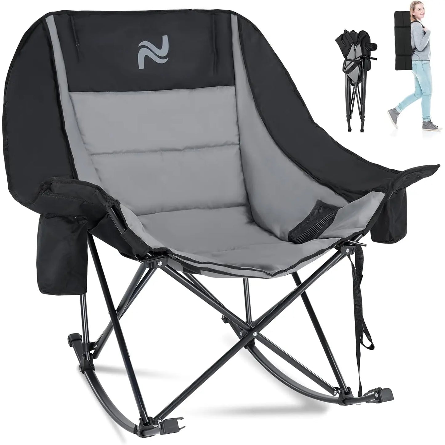 XXL Oversized Rocking Camping Chair – Fully Padded Folding Outdoor Recliner with Side Pocket, Supports 400 lbs for Patio, Backyard, Beach & Camping