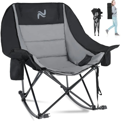 XXL Oversized Rocking Camping Chair – Fully Padded Folding Outdoor Recliner with Side Pocket, Supports 400 lbs for Patio, Backyard, Beach & Camping