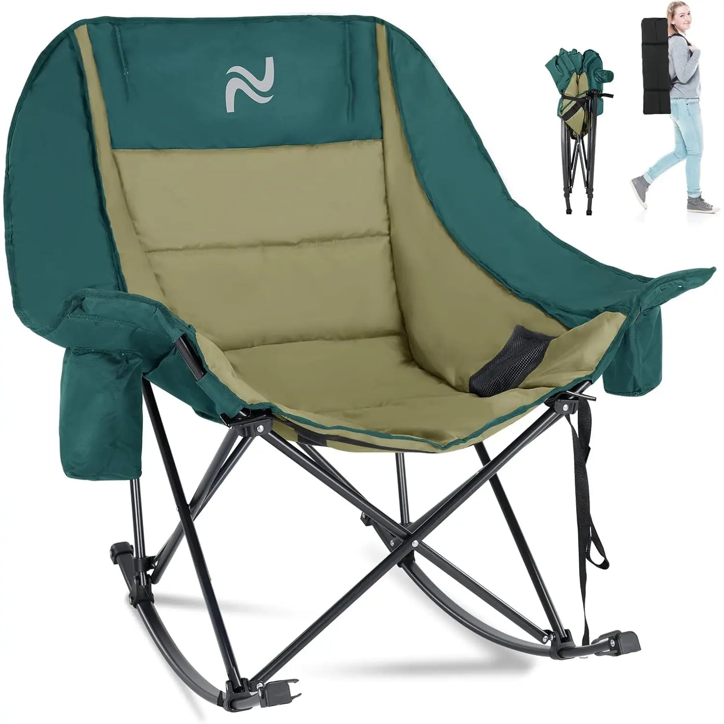 XXL Oversized Rocking Camping Chair – Fully Padded Folding Outdoor Recliner with Side Pocket, Supports 400 lbs for Patio, Backyard, Beach & Camping