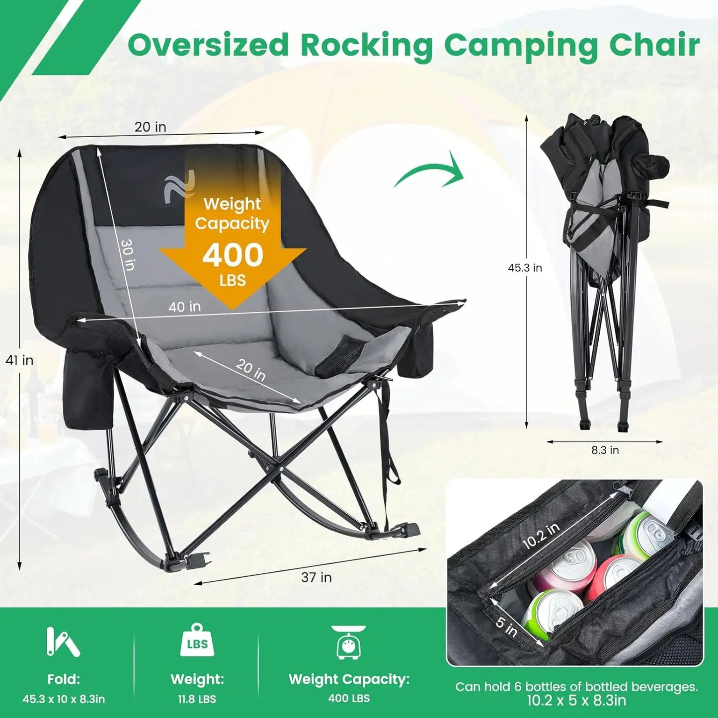 XXL Oversized Rocking Camping Chair – Fully Padded Folding Outdoor Recliner with Side Pocket, Supports 400 lbs for Patio, Backyard, Beach & Camping