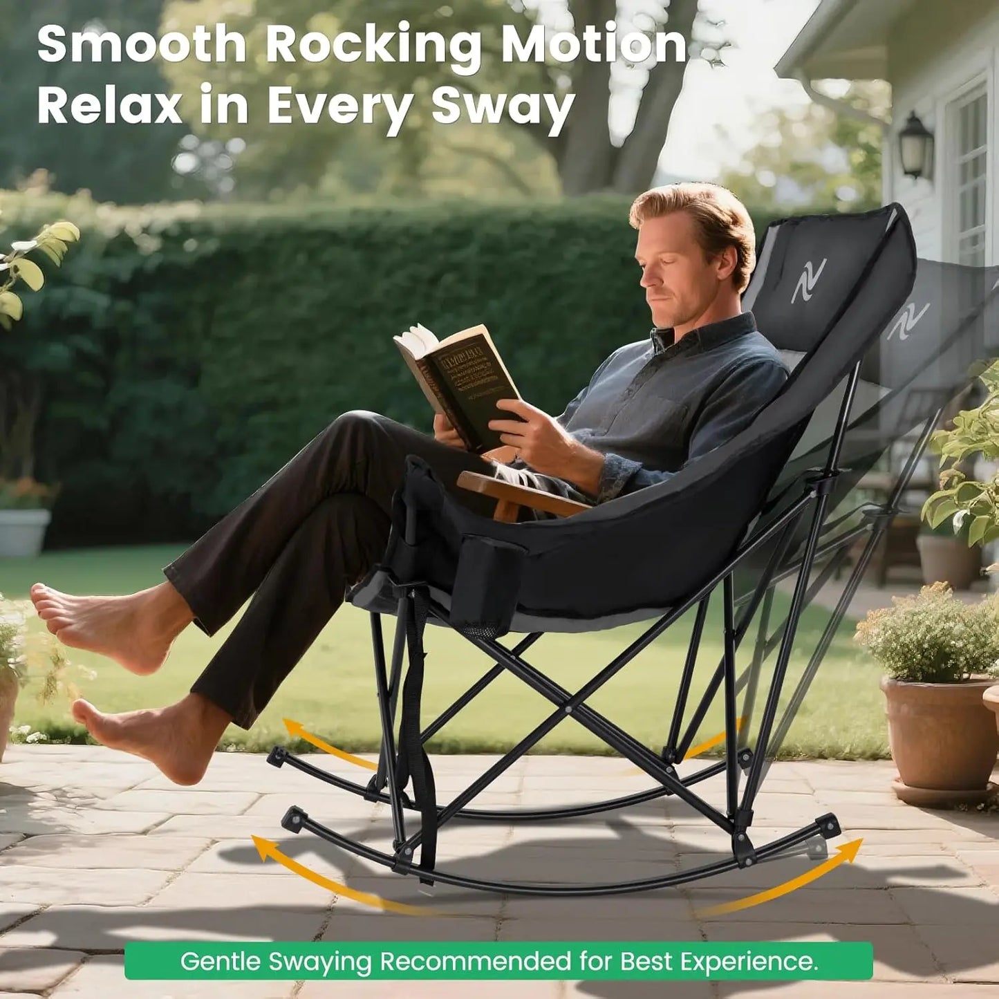 XXL Oversized Rocking Camping Chair – Fully Padded Folding Outdoor Recliner with Side Pocket, Supports 400 lbs for Patio, Backyard, Beach & Camping