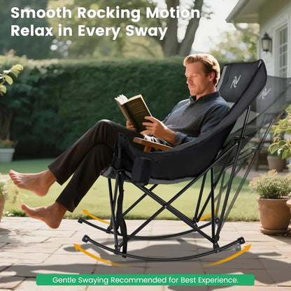 XXL Oversized Rocking Camping Chair – Fully Padded Folding Outdoor Recliner with Side Pocket, Supports 400 lbs for Patio, Backyard, Beach & Camping