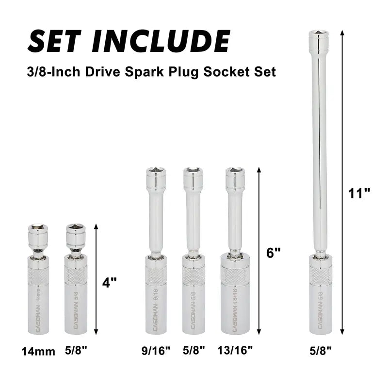 6PCS Magnetic SwivelSpark Plug Socket Set -Thin Wall 3/8" Drive, 12-Point CR-V Steel