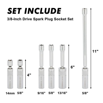 6PCS Magnetic SwivelSpark Plug Socket Set -Thin Wall 3/8" Drive, 12-Point CR-V Steel