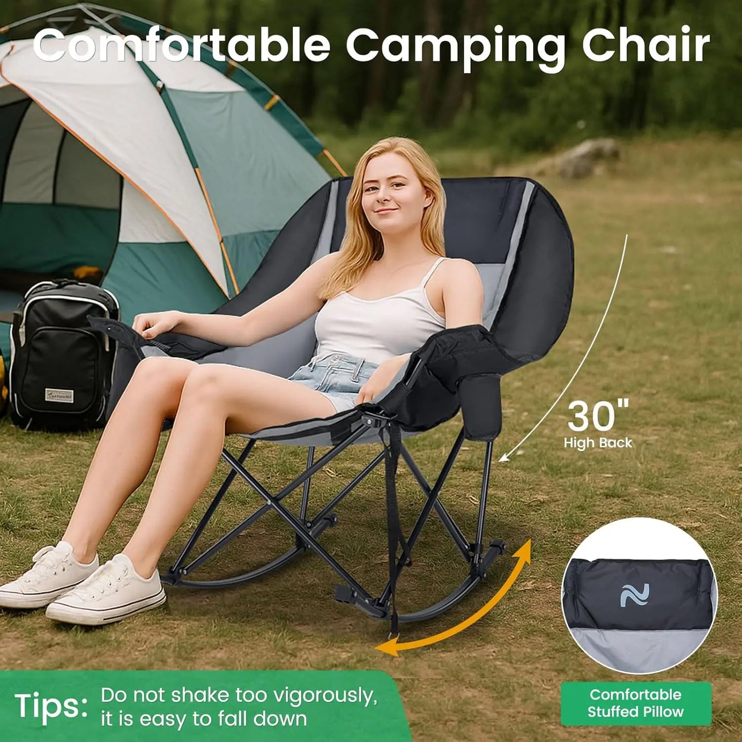 XXL Oversized Rocking Camping Chair – Fully Padded Folding Outdoor Recliner with Side Pocket, Supports 400 lbs for Patio, Backyard, Beach & Camping