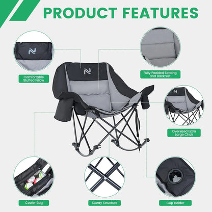 XXL Oversized Rocking Camping Chair – Fully Padded Folding Outdoor Recliner with Side Pocket, Supports 400 lbs for Patio, Backyard, Beach & Camping