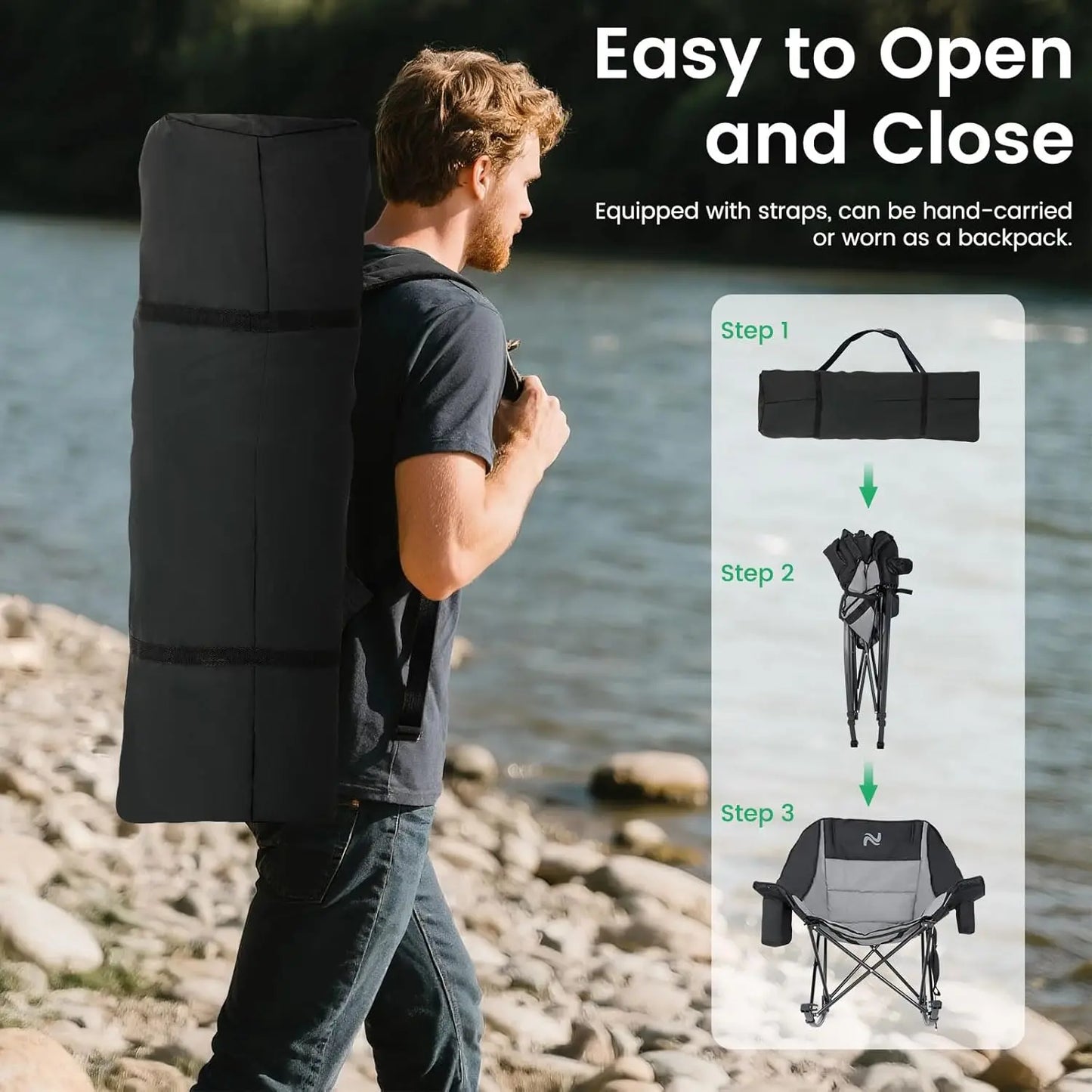 XXL Oversized Rocking Camping Chair – Fully Padded Folding Outdoor Recliner with Side Pocket, Supports 400 lbs for Patio, Backyard, Beach & Camping