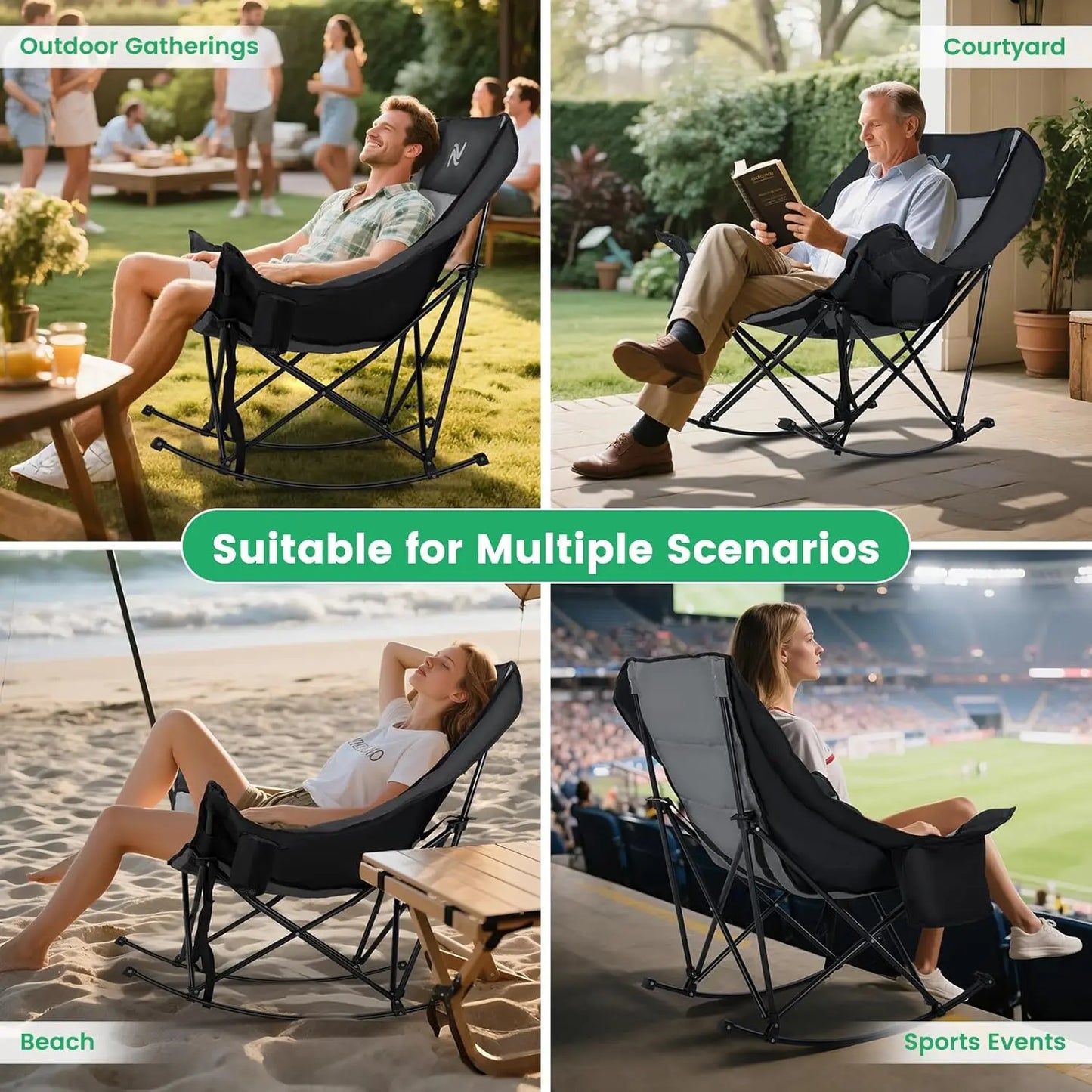 XXL Oversized Rocking Camping Chair – Fully Padded Folding Outdoor Recliner with Side Pocket, Supports 400 lbs for Patio, Backyard, Beach & Camping